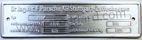 00070110103GW - Plaque d'identification de ch&acirc;ssis en acier pour 356 Prea - Kit Bundle for Porsche 