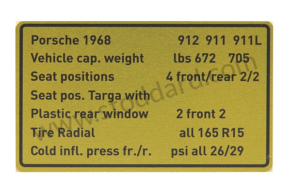 90100651200 - Vehicle Capacities And Tires Decal. 1968 911 912 for Porsche 