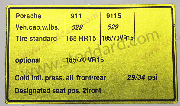 91100651203 - Tire Pressure Sticker For 911 1974 Only. for Porsche 