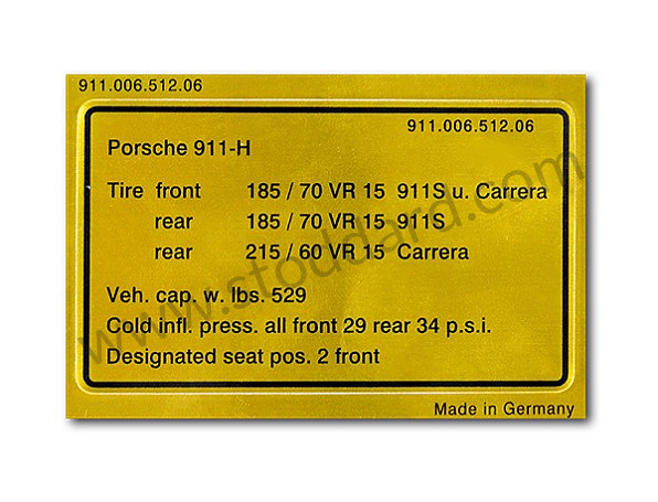 91100651206 - Vehicle Capacity And Tire Pressure Decal Sticker 1975 Porsche 911s And Carrera for Porsche 