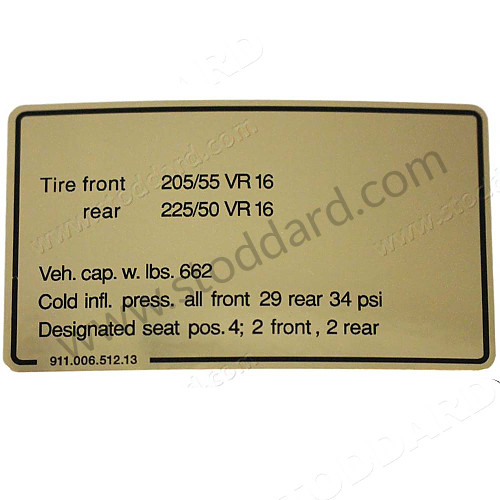 91100651213 - Vehicle Capacities And Tire Pressure Decal 911 1981-1983 for Porsche 