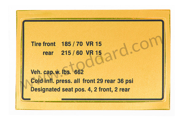 91100651215 - Vehicle Capacities And Tire Pressure Decal For 911 1984-89 for Porsche 