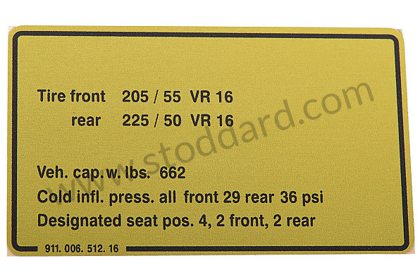 91100651216 - Vehicle Capacities And Tire Pressure Decal 911 1987-89 924 944 for Porsche 