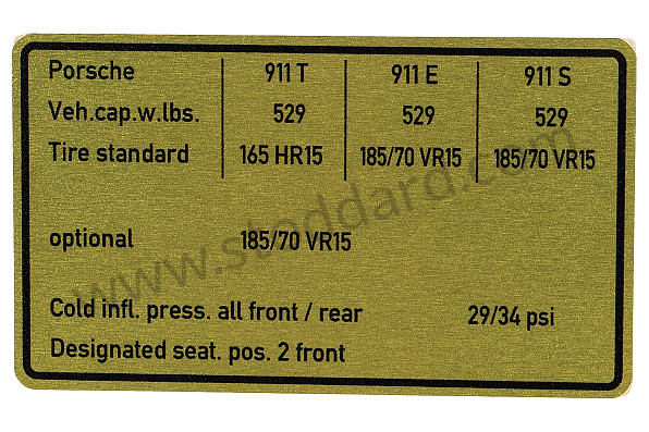91100651220 - Vehicle Capacities And Tire Pressure Decal. 911 1972-1973 for Porsche 