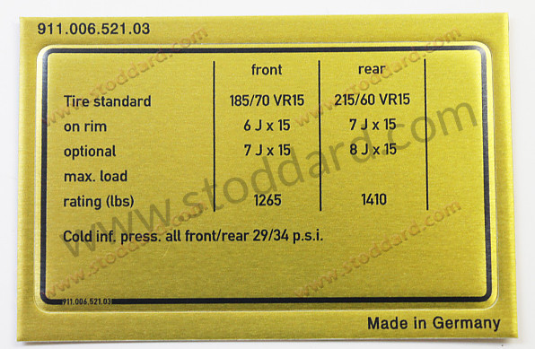 91100652103 - Vehicle Capacities And Tire Pressure Decal For 911 1977 Carrera for Porsche 