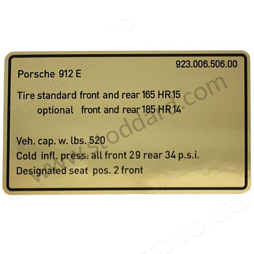 92300650600 - Vehicle Capacities And Tire Pressure Decal, 912e (1976) for Porsche 