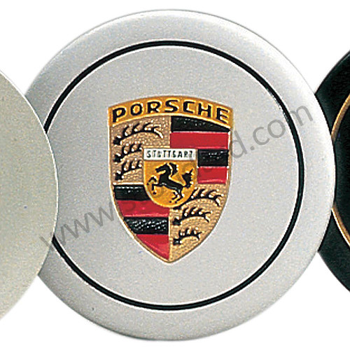 99A000576367 - PORSCHE&reg; HAND-PAINTED SILVER CENTER CAP WITH PAINTED CREST, 1974-1989 for Porsche 