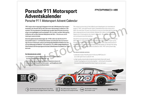 99A001114505 - 911 CARRERA RSR TURBO 2.1 MARTINI RACING ADVENT CALENDAR 1/43 SCALE WITH ENGINE SOUND (ENGLISH & GERMAN) - 75 YEARS MOTORSPORT EDITION for Porsche 