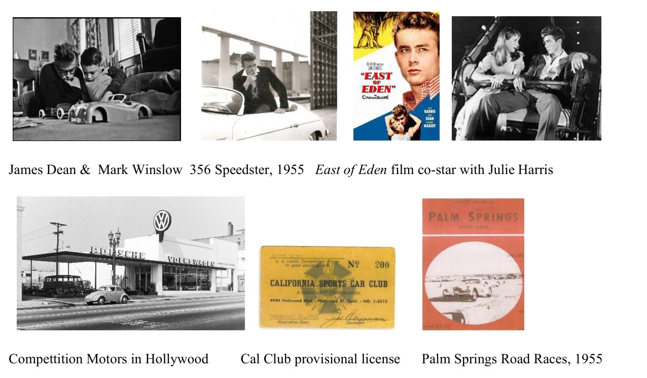 James Dean with Mark Winslow, his 356 Speedster in 1955, East of Eden with Julie Harris, Competition Motors in Hollywood, his Cal Club provisional license and the 1955 Palm Springs Road Races