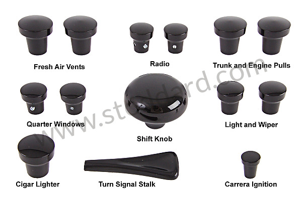 NLA552KNOBLK - Complete Black Dash Knob Set. New German Production, Matched To Nos. 14 Piece Set. 356A for Porsche 356B T6 &bull; 1961 &bull; 1600 (616/1 T6) &bull; Cabrio B T6 &bull; Manual Gearbox, 4 Speed